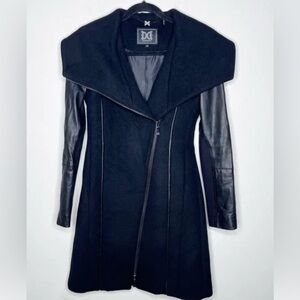 Dawn Levy Black Wool Trench Coat with Faux Leather Sleeves